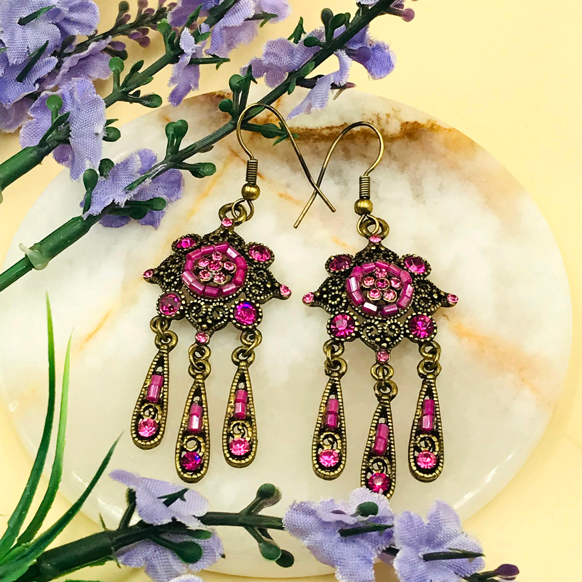 Pink Drop Dangles Oxidised Earrings - Image 2