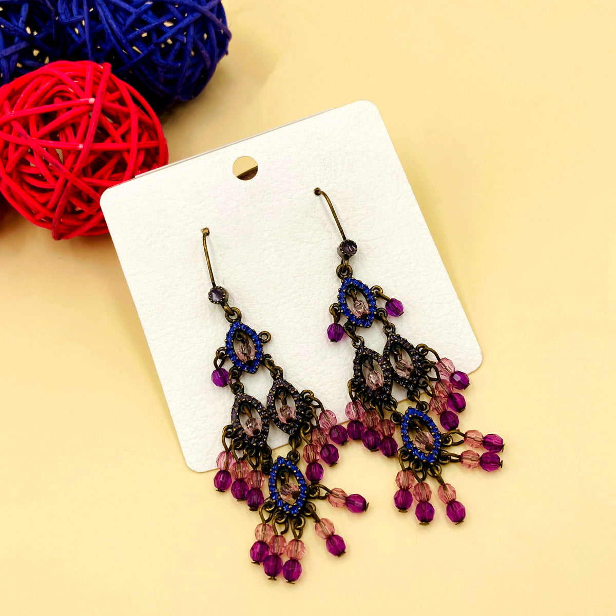 Purple Stones Chandelier Oxidised Earrings - Image 2
